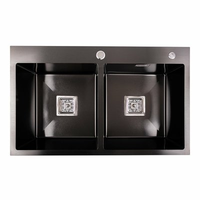 Кухонная мойка Platinum Handmade PVD HDB черная 780х480х230 на две чаши (квадратный сифон, 3.0/1.0) 36734 фото