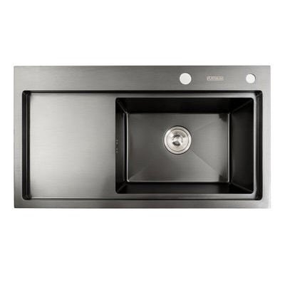 Кухонна мийка чорна PVD 78*43 R Platinum Handmade (два отвори, круглий сифон 3,0/0,8) 42231 фото