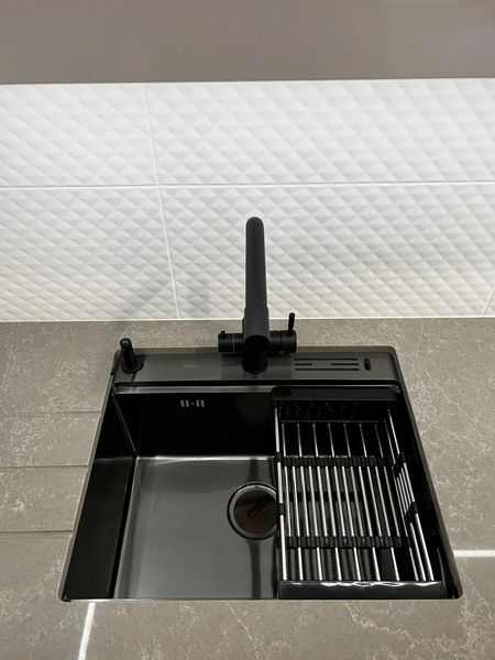 Мийка для кухні чорна з нержавійки з PVD покриттям багатофункціональна Nett NB-5747 64 фото