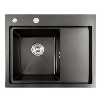 Кухонна мийка чорна PVD 58*48 L Platinum Handmade (два отвори, круглий сифон 3,0/0,8) 42226 фото