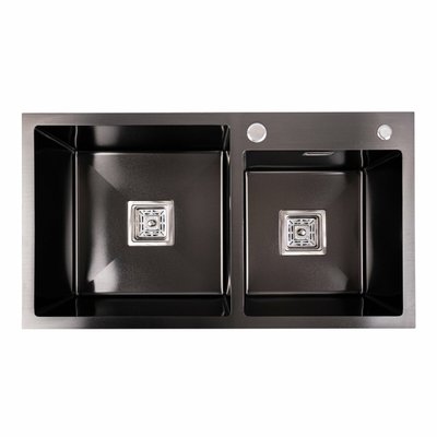 Кухонна мийка Platinum Handmade PVD HDB чорна 780х430х230 на дві чаші (квадратний сифон,3.0/1.0) 36732 фото