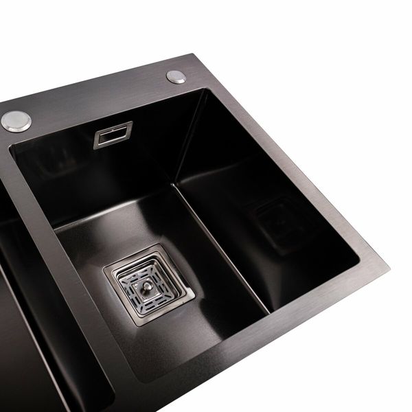 Кухонна мийка Platinum Handmade PVD HDB чорна 780х430х230 на дві чаші (квадратний сифон,3.0/1.0) 36732 фото