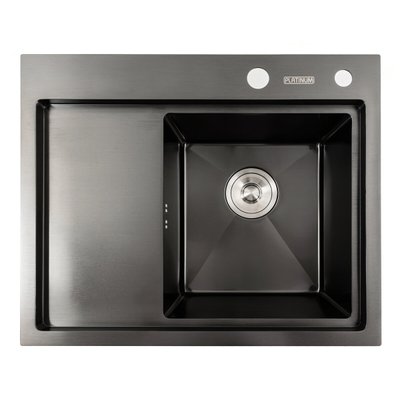 Кухонна мийка чорна PVD 58*48 R Platinum Handmade (два отвори, круглий сифон 3,0/0,8) 42227 фото