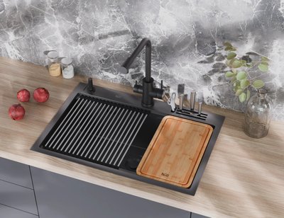 Чорна мийка для кухні з нержавійки з PVD покриттям багатофункціональна Nett NB-7048 62 фото