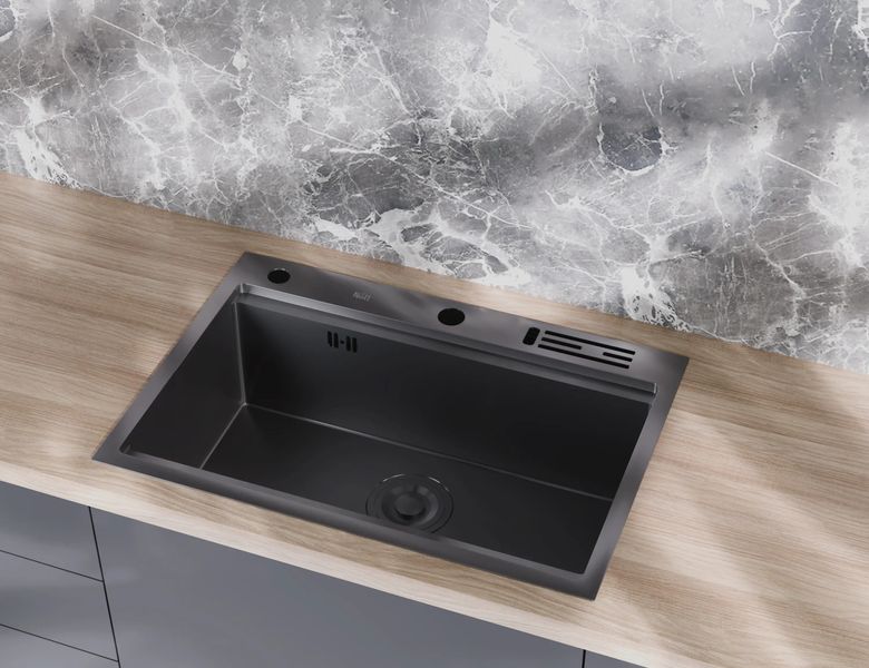 Чорна мийка для кухні з нержавійки з PVD покриттям багатофункціональна Nett NB-7048 62 фото